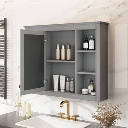 Wooakway 28"H Gray Modern Bathroom Mirror Cabinet with 6 Shelves Wall Mounted Medicine Storage