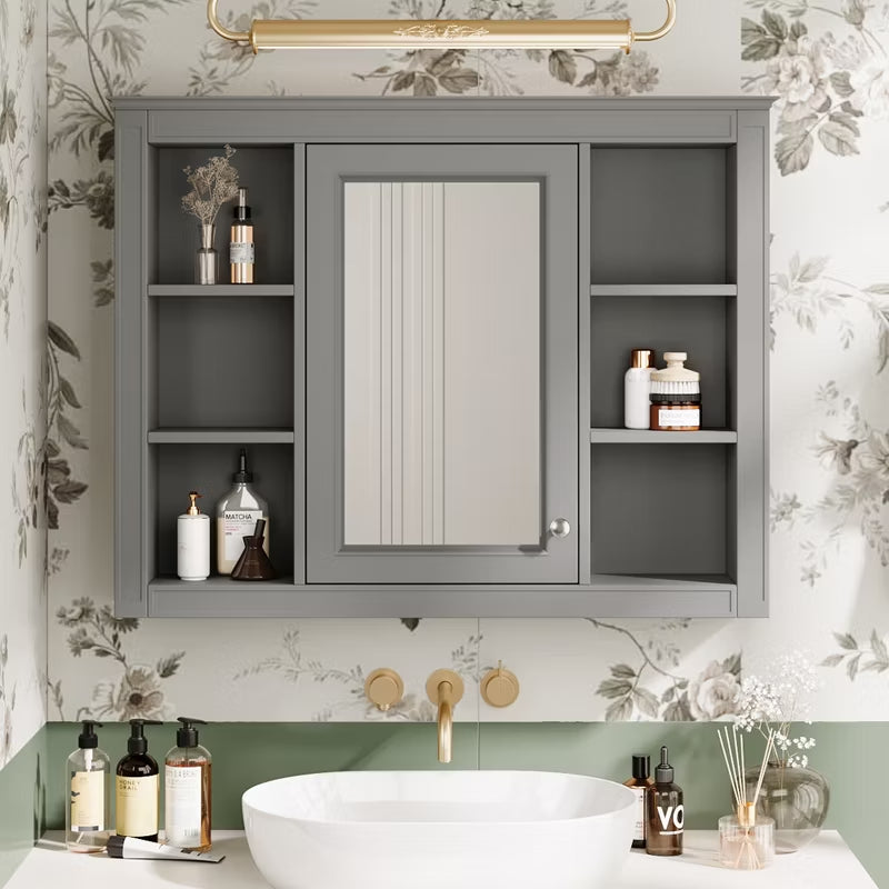 Wooakway 28"H Gray Modern Bathroom Mirror Cabinet with 6 Shelves Wall Mounted Medicine Storage
