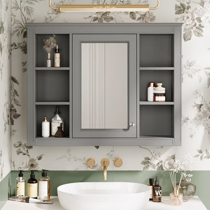 Wooakway 28"H Gray Modern Bathroom Mirror Cabinet with 6 Shelves Wall Mounted Medicine Storage