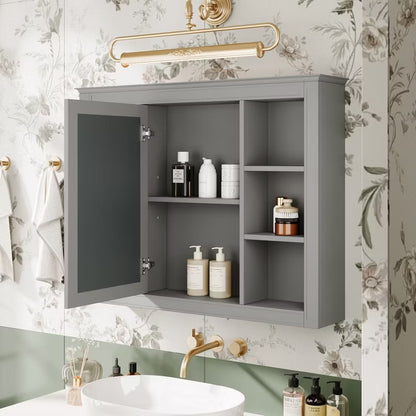 Wooakway 28"H Gray Modern Bathroom Mirror Cabinet with 6 Shelves Wall Mounted Medicine Storage