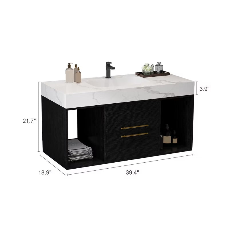 Gulches 40 Inch Floating Bathroom Vanity Ceramic Sink Sintered Stone Top Storage Drawers Modern Design White Black