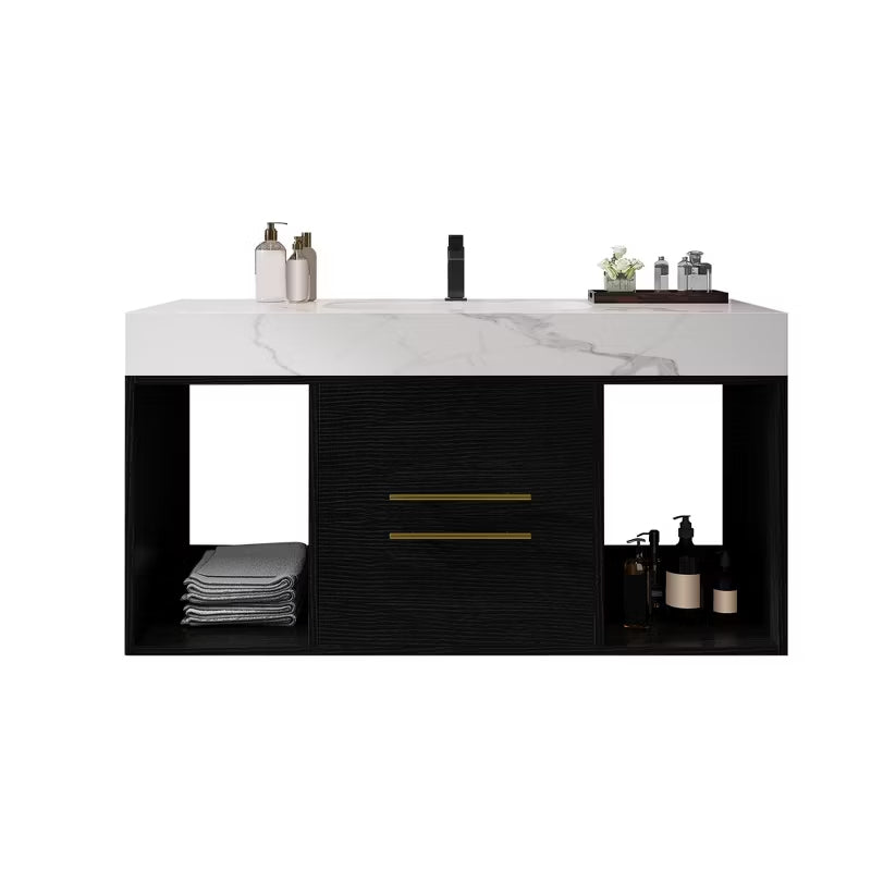 Gulches 40 Inch Floating Bathroom Vanity Ceramic Sink Sintered Stone Top Storage Drawers Modern Design White Black