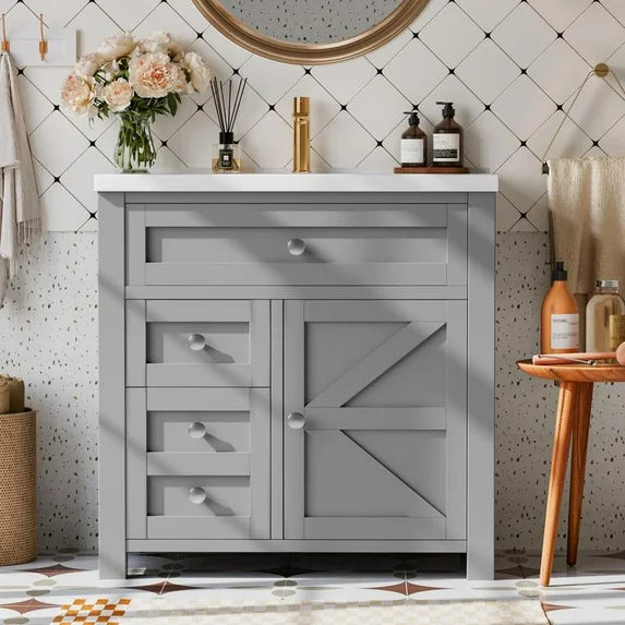 Lacoo 30'' Bathroom Vanity with Resin Sink, Wood Bathroom Storage Cabinet with Drawers and Shelves for Bathroom, Gray